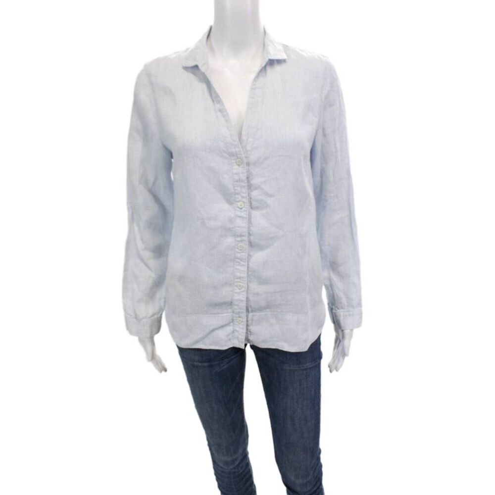 White Label Womens Cotton Long Sleeve Button Up Collar Top Blue Size 06
